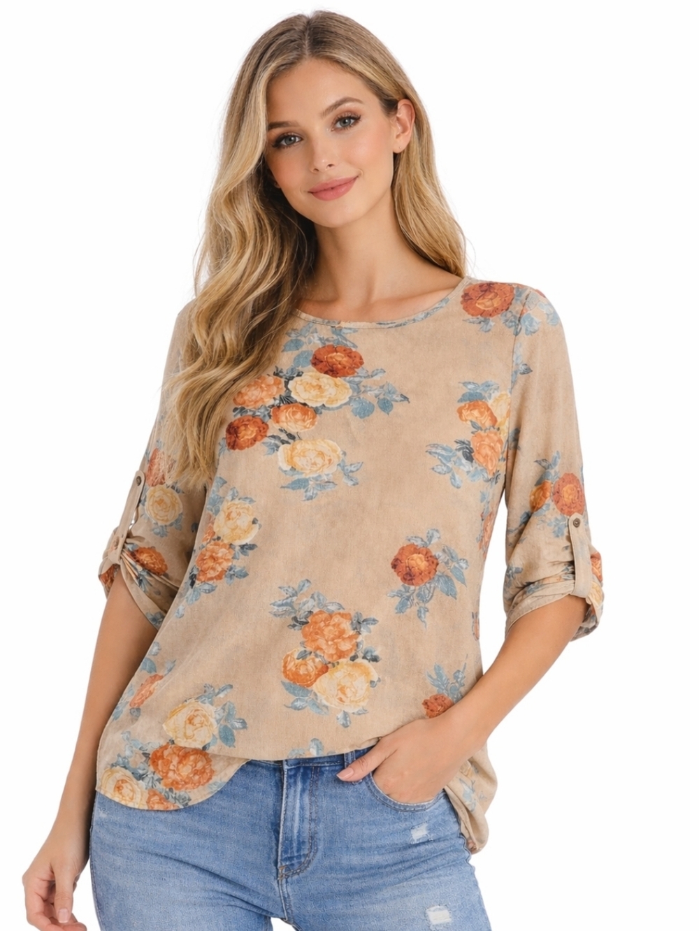 Umgee Cream Orange Blue Floral Hi-lo Blouse Sz Lg